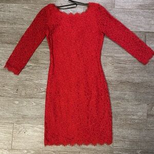 Diane Von Furstenberg Red Lace Long Sleeve Dress Size 2